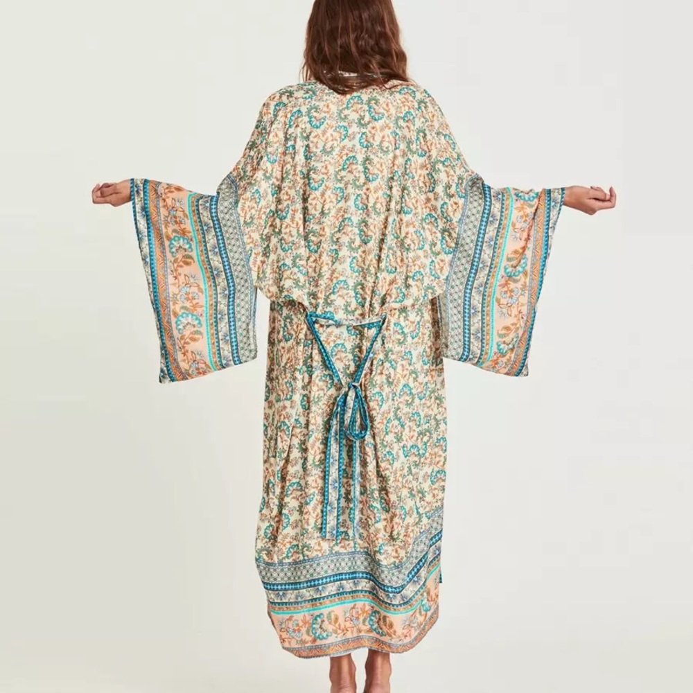 Boho Floral Paisley Long Swim Coverup - Teal & Cream